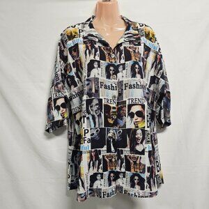 John Mark Women Graphic Button Up Collared Top Blouse Shirt Size L Deep Slits